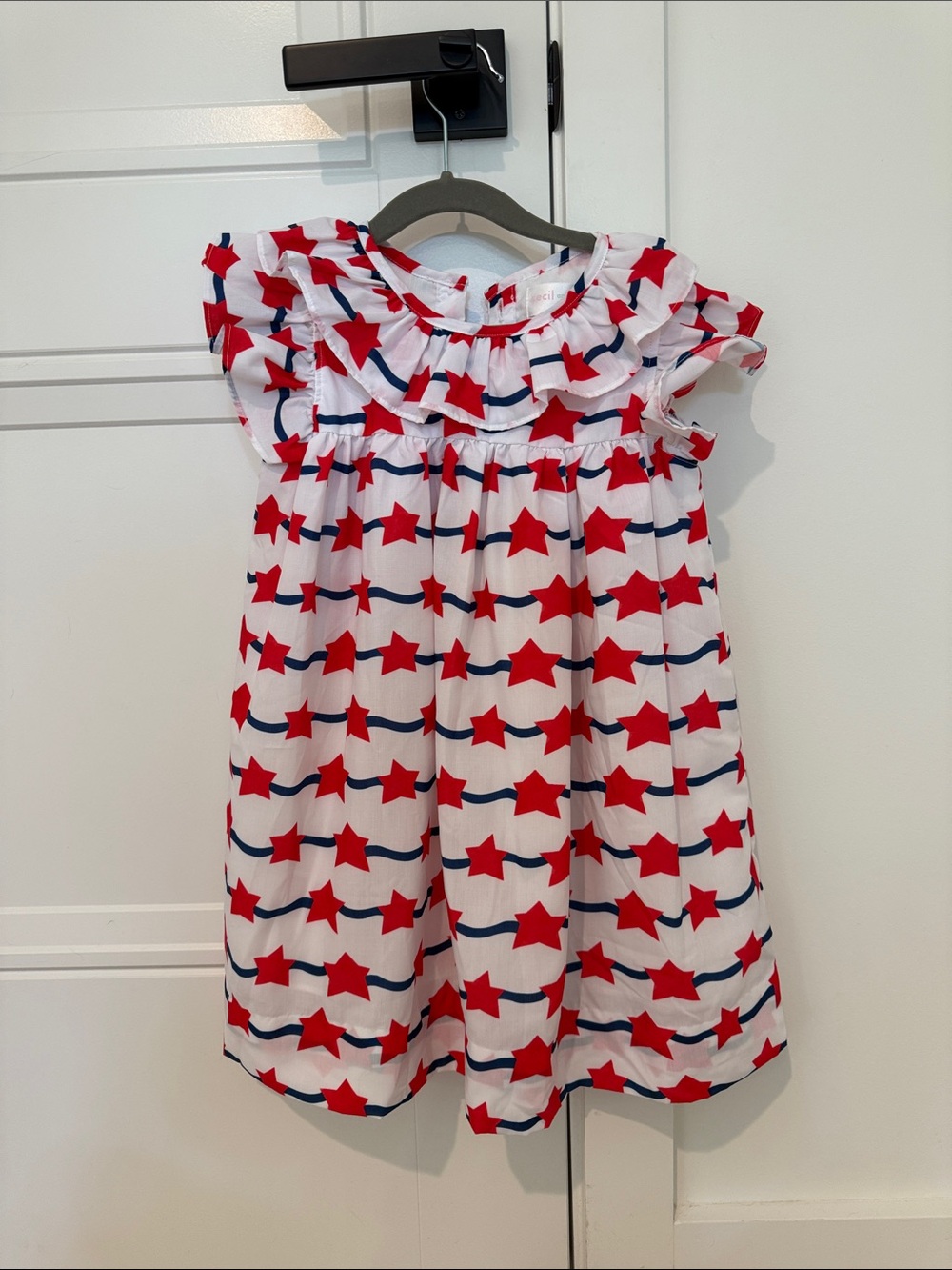 Girls White Dress with Red Star Print and Navy Accents